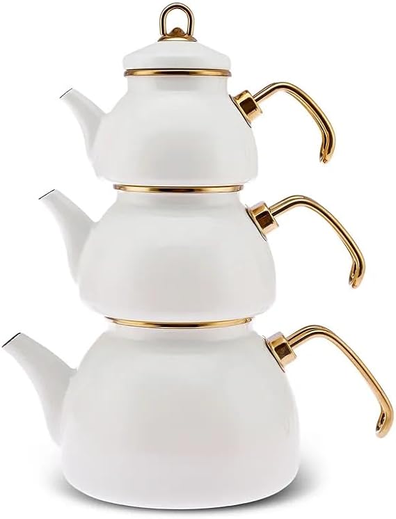 Karaca Retro Emaye Teapot Set 3 Pieces Cream High-Quality Enamel Jugs for Stylish Tea Drinking and Nostalgic Tea Parties Capacity 0.50 L 1.1 L and 2.3 L