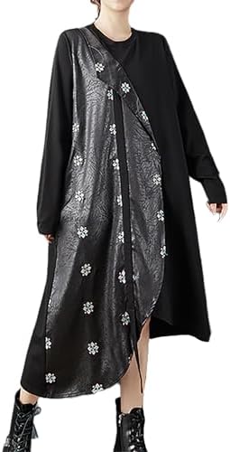 ellazhu Women's Dress Crew Neck Tie Waist Patchwork Long Sleeve Plus Size Irregular Hem Pockets GZ715 A
