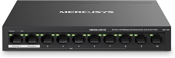 Mercusys MS110P, 10-Port 10/100Mbps Desktop Switch with 8-Port PoE+