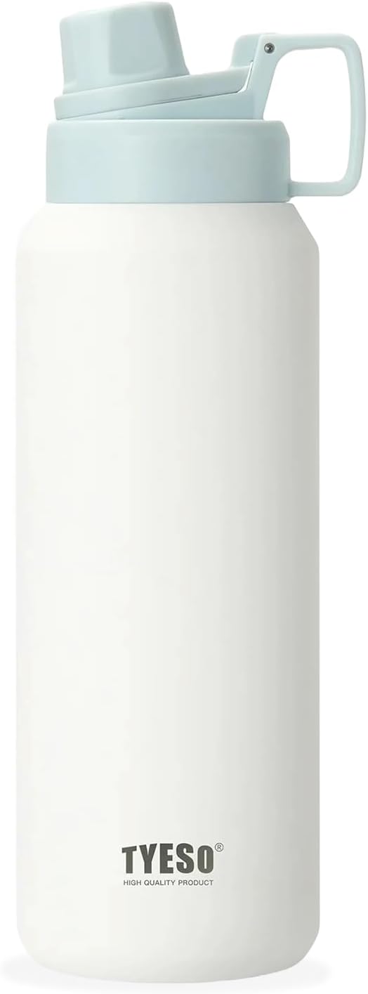 TYESO 30oz Water Bottle with Carrying Handle Lid | Insulated Stainless Steel Thermos | Gym & Sports Travel Bottle | Leak Proof & BPA Free | Summit Collection Perfect Holiday Gift (Cloud White)