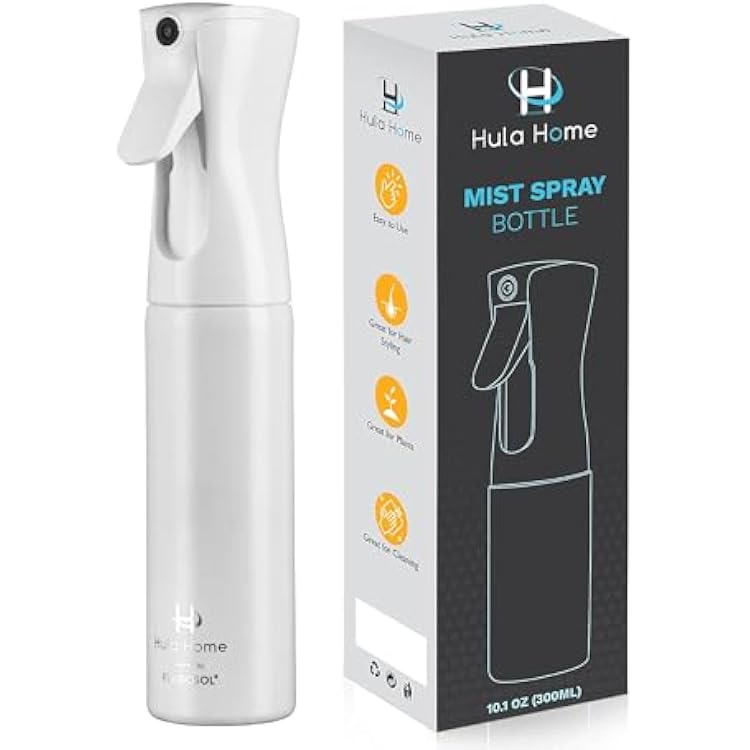 Hula Home Spray Bottle for Hair 10.1oz300ml - Continuous Ultra Fine Mist Sprayer For Hairstyling, Cleaning, Salons, Plants, Essential Oil - All White