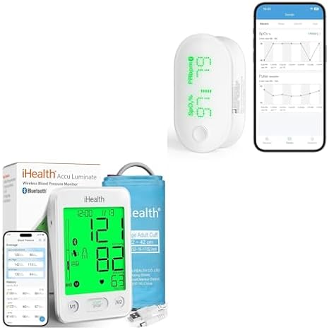 iHealth Home Health KitAccu Luminate Upper Arm Blood Pressure Monitor White with Wide Range Cuff + Rechargeable Fingertip Pulse Oximeter