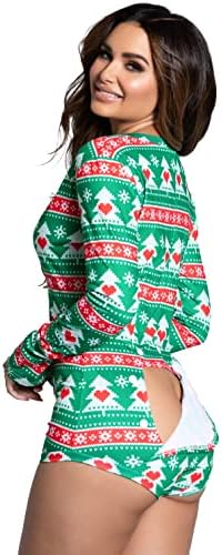 Yandy Christmas Print Romper V Neck with Button Down Front Long Sleeves and Button Off Booty Flap