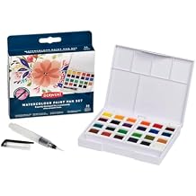 Derwent Watercolour Paint Pan 24 Set, Set of 24, Half Pan Size, Water-Soluble, Ideal for Painting, Professional Quality, Travel Size, 2306324