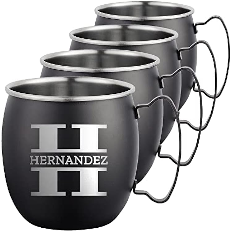 Personalized Custom Smooth Finish Black Moscow Mule Mugs with Custom Monogram Family Name Engraved Bar Style Cup, 16 oz | Set of 4