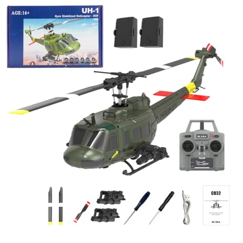 C032 UH-1 Huey RC Helicopter for Adults, 148 Scale 2.4G 6CH Flybarless Stunt RC Plane 6-Axis Gyroscope Optical Flow Positioning, TOF Lidar Height Setting for Beginners Green 2 Batteries