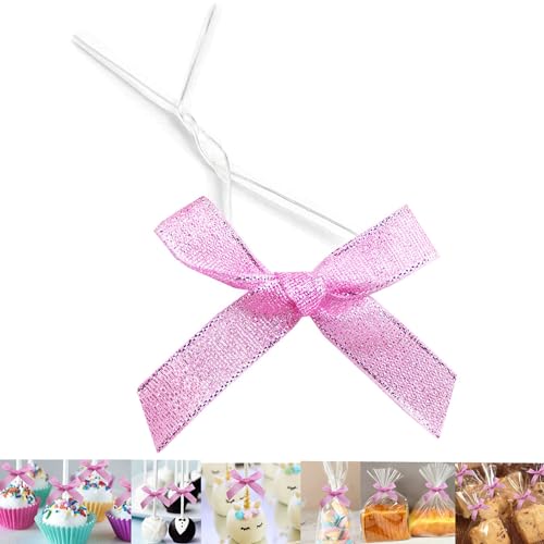 50 PCS 3 Inches Metallic Pink Ribbon Bow Twist Ties, Twist Tie Bows for Treat Bags, Pretied Bows, Twist Bows, Tied Bows with Wire, Pre-Tied Ribbon Bows for Baby Shower, Favors, Popcorn