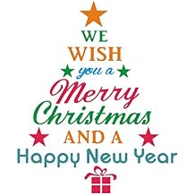 Christmas Tree Letters Wall Decal Wall Art Sticker, Peel and Stick Removable Christmas and New Year Wishes Tree Words Letters Wall Print Stickers Pictures for Door and Window Refrigerator Living room.