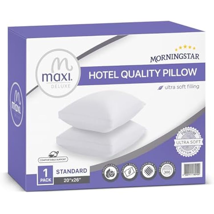 Maxi Deluxe Standard Size Bed Pillow Ultra Soft & Comfortable Versatile for Side, Back & Stomach Sleepers 300TC Cotton Top Single Pack Standard Size Pillow is 20 x 26