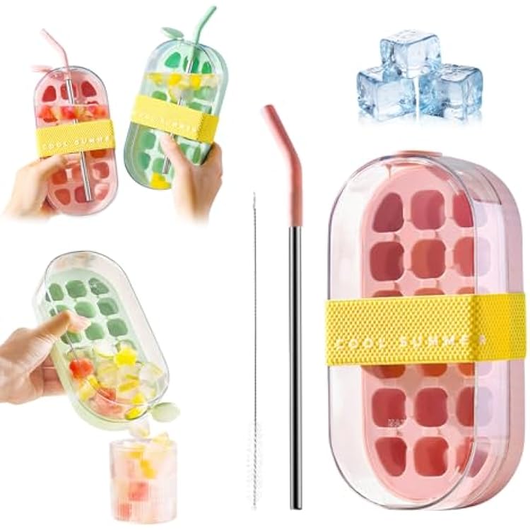 Ice Cube Bottle, New Cool Summer Ice Bottle Cup, 2 in 1 Zero Touch Push Release Silicone Water Bottle Ice Cube Tray with Lid and Trash Can for Coffee Juice and Beverage Pink