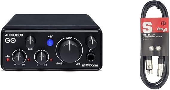PreSonus AudioBox GO | USB-C Audio Interface for music production with Studio One DAW Recording Software, Music Tutorials & Stagg SMC3 3m XLR to XLR Plug Microphone Cable, Black