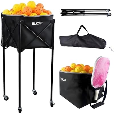 Portable Pickleball & Tennis Ball Hopper with Wheels, Foldable Sports Balls Teaching Cart, Lightweight Softball Caddy, Large Capacity Baseball Basket Carrier for Training