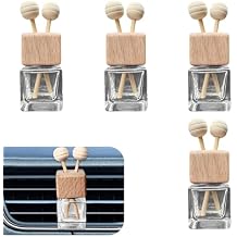 4 PCS Car Diffuser Bottles Empty, Wooden Caps Stick Fragrance Ornament with Vent Clip, Refillable Glass Diffuser Bottles, Universal for Most Cars, Trucks, SUVs (Transparent)