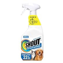Shout Pet Stain Remover Spray, Color-Safe Multisurface & Carpet Cleaner Solution for Dog & Cat Urine, Feces, Vomit & Mud, Fights Odors & Remarking, Fast-Acting Cleans in 5 Minutes or Less, 22oz