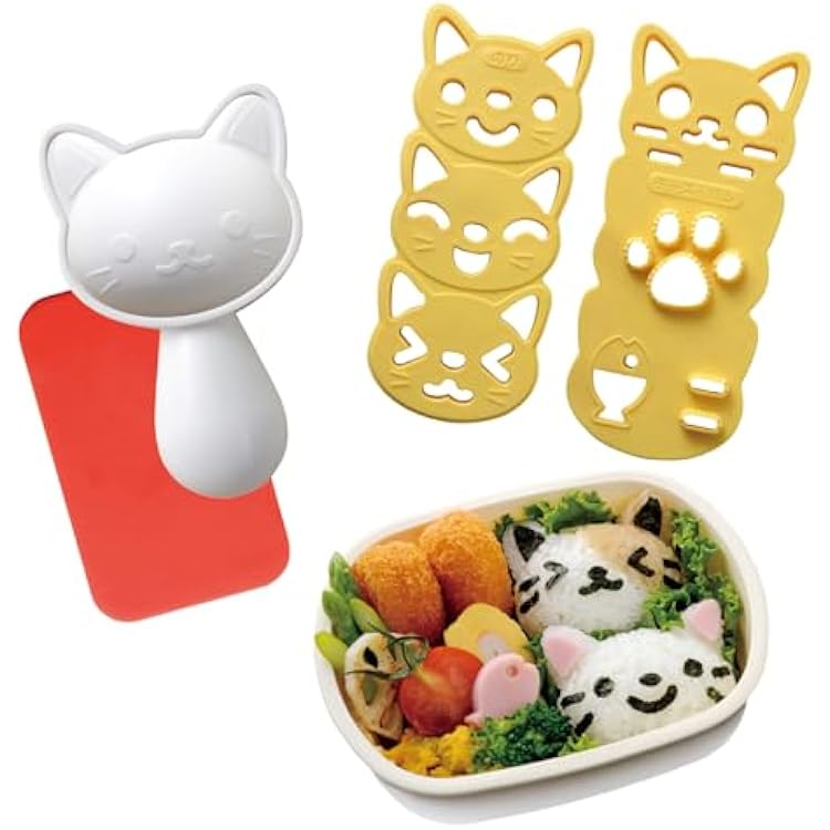 Arnest Cute Cat Rice Ball Mold Kit for Kids with Seaweed Nori Cutter - Onigiri Bento Decoration Supplies Kitchen Tool DIY Musubi Press - Japan Import