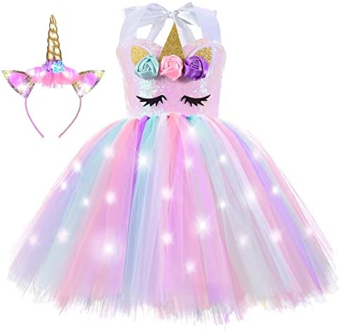 Sequin Unicorn Princess Costume for Girl Lighted Birthday Party Tutu Dress Halloween Decoration Christmas Outfit Gift