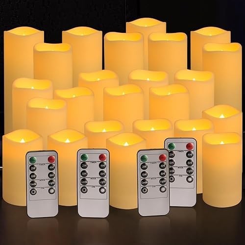 YOROXRG Set of 24 Waterproof Outdoor Flameless Candles, LED Candles with 4 Remote and Timer,H 4 5 6 x D 2.2,for Christmas,Halloween,Wedding,Festival