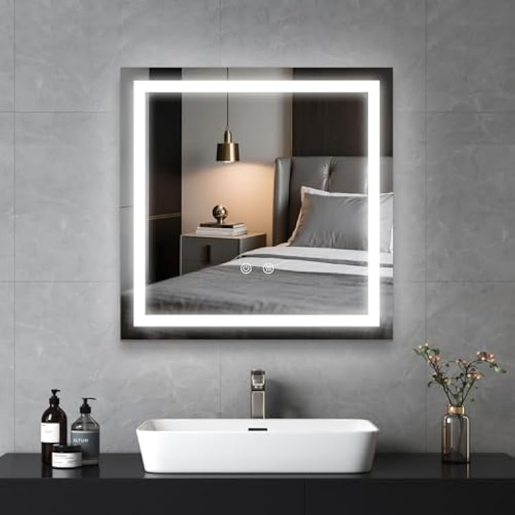 LED Lighted Bathroom Mirror with Anti-Fog, Square Wall Mounted Vanity Mirror with Smart Touch Button, Memory Function, Adjustable Warm WhiteNaturalDaylight Lights24x24 inches