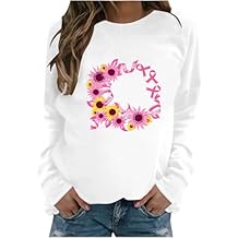 Breast Cancer Sweatshirt Pink Ribbon Long Sleeve Shirt For Women Sunflower Printed Front Round Neck Pullover Blouse