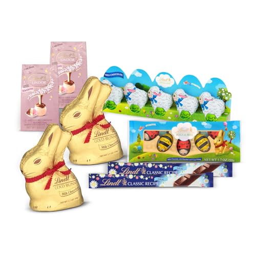Lindt Easter Basket Chocolate Candy Bundle: 2 CLASSIC RECIPE Milk Chocolate Sticks 1.4 oz, 2 GOLD BUNNY Milk Chocolates 1.7 oz, 2 LINDOR Neapolitan Truffles 0.8 oz, Bugs & Bees and Little Lambs 5-Packs 1.7 oz - Gourmet Chocolate for Festive Baskets