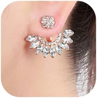 Jumwrit Ear Jacket Stud Earrings Rhinestone Flower Dangle Earrings Front Back Cuff Earrings for Women Simple Chic Earrings Accessories(Gold)