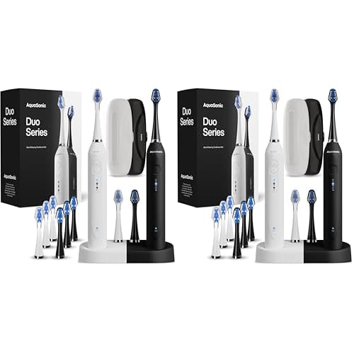 Aquasonic Duo - Dual Handle Ultra Whitening 40,000 VPM Wireless Charging Electric ToothBrushes - 3 Modes with Smart Timers - 10 Dupont Brush Heads & 2 Travel Cases Included Pack of 2
