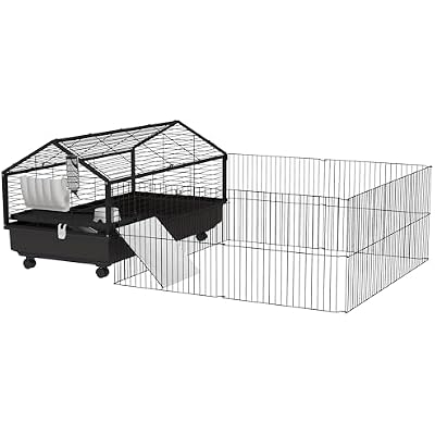 PawHut Small Animal Cage with Foldable Run Area, Rolling Bunny Cage, Guinea Pig Cage with Water Bottle, Water Bowl, and Ramps, 46.5