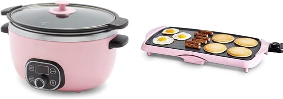 GreenLife Cook Duo Healthy Ceramic 6QT Slow Cooker, Digital Timer Parts, Soft Pink & Healthy Ceramic, Extra Large 20%22 Electric Griddle for Pancakes Eggs Burgers and More, Soft Pink