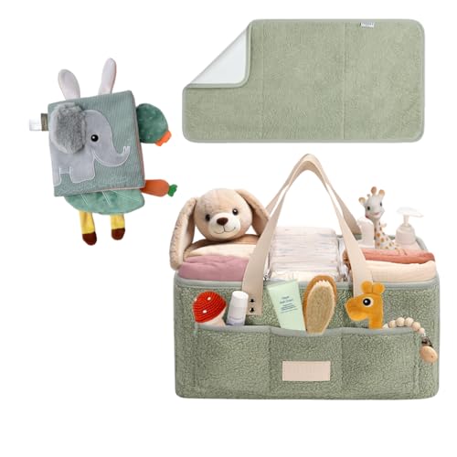 Cute Baby Soft Book and Teddy Diaper Caddy with Changing Pad Green Bundle