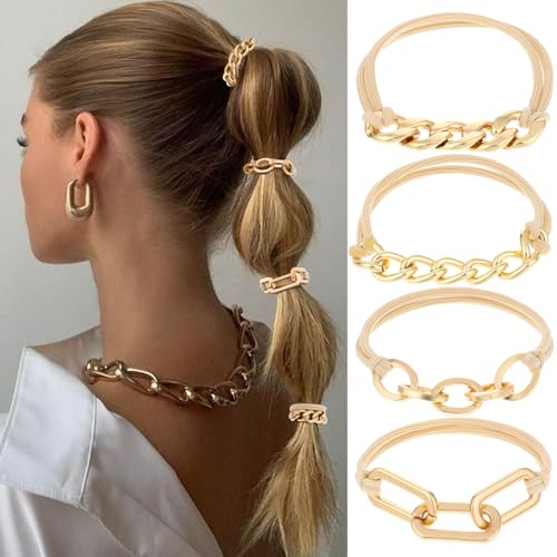4Pcs Gold Hair Bracelet, Metal Elastic Hair Bands Ponytail Holder Hairs Accessories Elastic Rubber Hairband Haircuffs for Thick Thin Curly Trendy Bead Jewelry GiftGold
