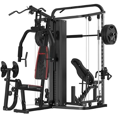 SunHome Multifunction Home Gym System Workout Station,Smith Machine with 138LB Weight Stack, Leg Press, LAT Station for Full Body Training