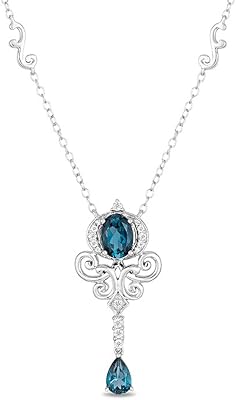 Jewelili Enchanted Disney Fine Jewelry Cinderella Pendant Necklace for Women | Sterling Silver | London Blue Topaz & 110 CTTW Natural White Round Diamond | 18 Cable Chain | Gifts for Her
