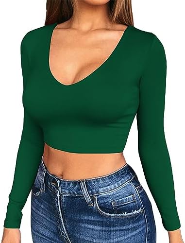Artfish Womens Long Sleeve Scoop V Neck Crop Top