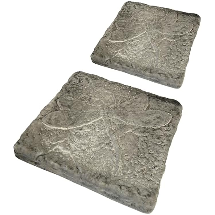 BestNest Set of 2 Athens Pre-Aged Dragonfly Stepping Stones 12x12 Concrete Garden Pavers with Raised Insect Detail Gray Stone Finish Outdoor Pathway Decor
