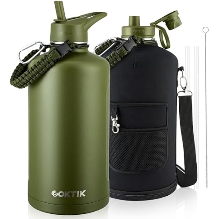COKTIK 128oz Insulated Water Bottle - Stainless Steel Vacuum Metal, Portable 1 Gallon Large-Capacity Sports Bottle with Straw, Carry Bag and Handle Strap, Ideal for Gym & HikingArmy Green