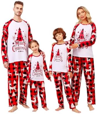 ANGELGGH Christmas Pajamas for Family Matching Pjs Set, Red Plaid Reindeer Holiday Xmas Pajamas for Women Men Kids