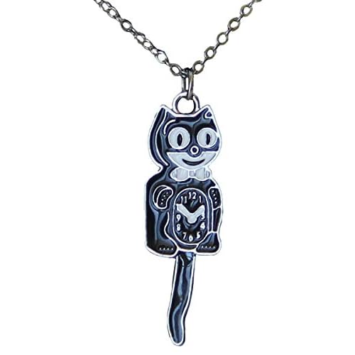 Kit-Cat Klock Kit-Cat Necklace Pendant with Swinging Tail - Classic Black & Silver Sterling Silver Chain Necklace - Unique Pendant Necklace in Velvet Box