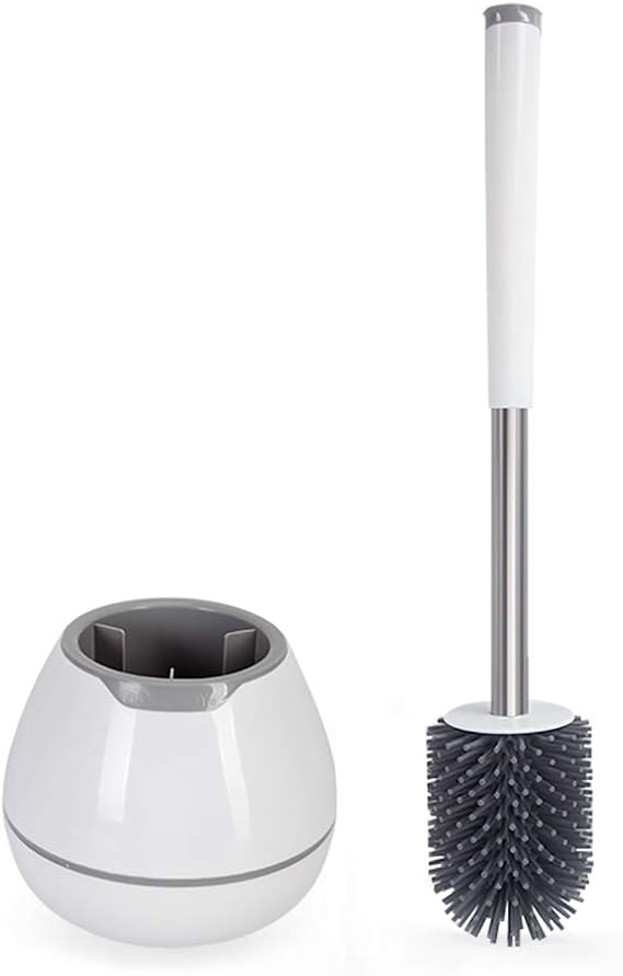 BOOMJOY Toilet Brush and Holder Set, Silicone Toilet Bowl Cleaner Brush, Bathroom Cleaning Bowl Kit with Tweezers, Bathroom Accessories with Aluminum Handle - White