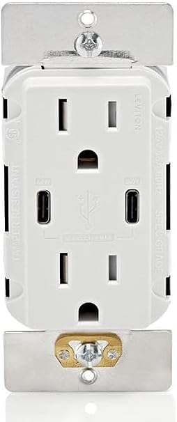 Leviton 60W (6A) USB Dual Type-C/C Power Delivery in-Wall Charger with 15A Tamper-Resistant Outlet, USB Charger for Smartphones, Tablets, Laptops, T5636-0BW, White