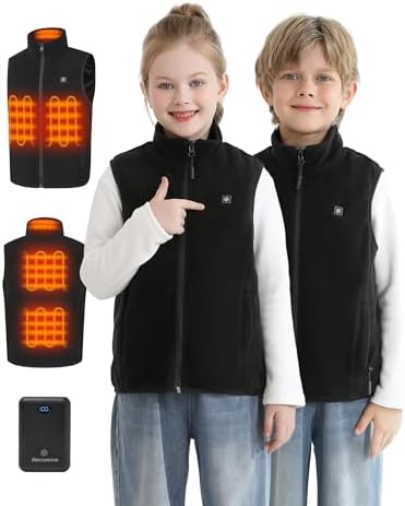 Kids Heated Vest with 7.4V 12000mAh Battery Pack, Youth Heated Vest Kids Fleece with 5 Heating Zones for Boys Girls