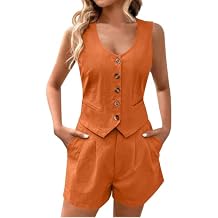 Womens Two Piece Outfits Summer Blazer Vest 2 Piece Sets V Neck Sleeveless Button Down Waistcoat and Work Suit Shorts