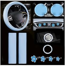 Zpana Car Accessories Set, 10PCS Vehicle Kit with Steering Wheel Cover Seatbelt Pad Cup Holder Mat Start Button Ring Sticker Flower Air Vent Clip, Universal Automotive Interior Ornament (Blue)