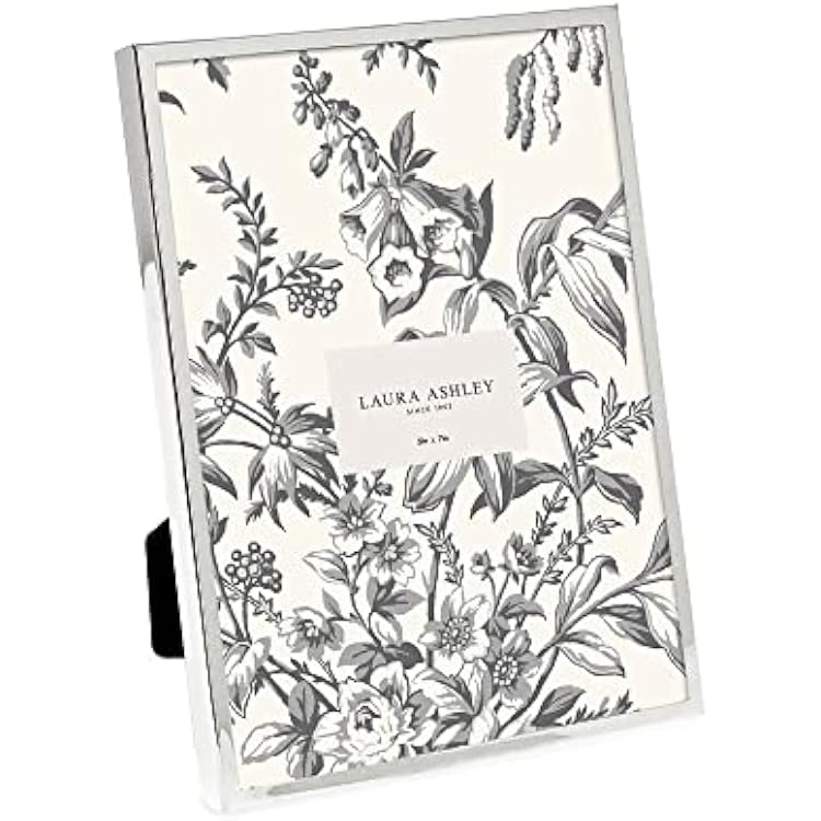 Laura Ashley 5x7 Silver Flat Metal Picture Frame Vertical & Horizontal wTwo-Way Easel Stand, Black Velvet Backing, Wall-Mountable, Made for Tabletop, Desk, Wall Display, Home Decor 5x7, Silver
