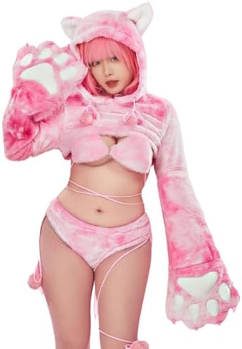 Mobbunny Women Cosplay Pajamas Set Pink Furry Hoodie Top Panty with Cat Paw Claws Sleeves Homewear