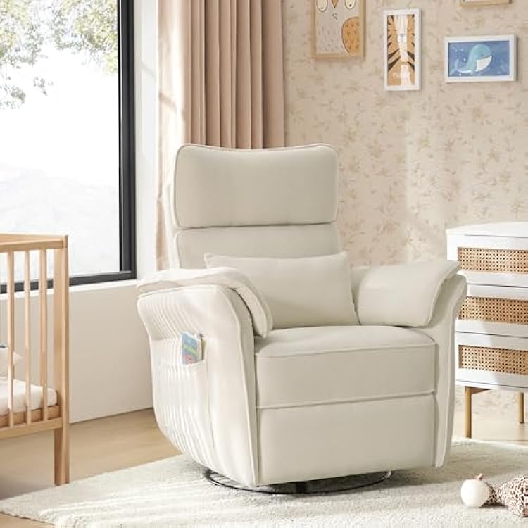 HULALA HOME Nursery Glider Recliner with Adjustable Headrest and Armrests, Power Swivel Rocker Recliner Chair with USB Port and Storage Bags, GREENGARD, FSC, CertiPUR-US Certified, Beige