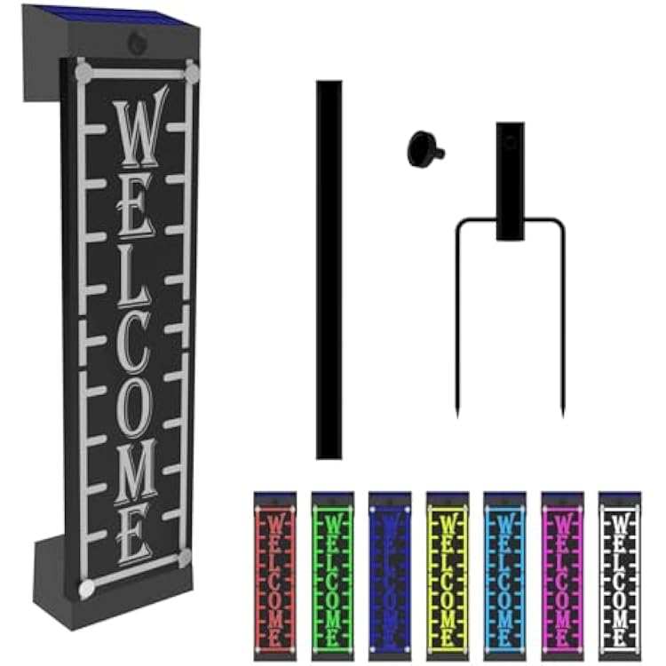 Illuminated Solar Welcome Sign for Front Door, Waterproof RGBW Color Changing, Lighted Pronch Welcome Plaque Solar Powered with Stakes for Yard Home Party Outside Decor