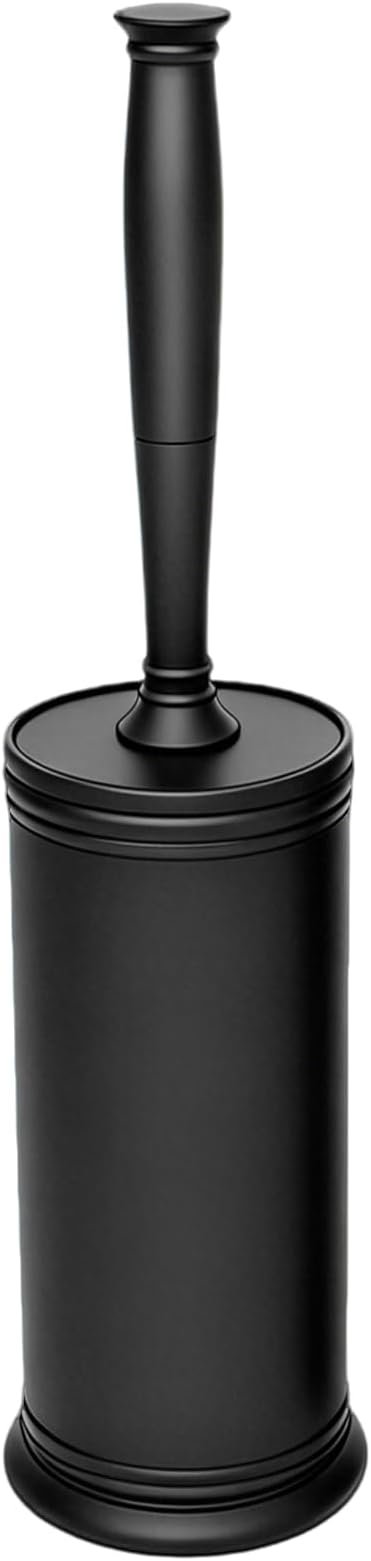 AONEZ Plastic Toilet Brush and Holder Set for Bathroom Cleaning, Black | Extra Long Handle; Splash Guard; Covered Holder; Hard Dense Bristles; Stable Base;