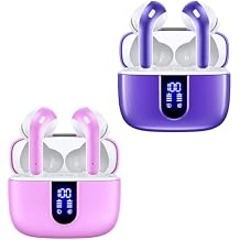 TAGRY 2 Sets X08 Sunset Pink and Phantom Purple Bluetooth Headphones True Wireless Earbuds 60H Playback Ear Buds with Wireless Charging Case in-Ear Earbuds with Mic