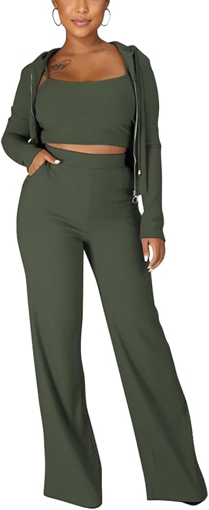Womens 3 Piece Casual Outfits Open Front Rib Cardigan Crop Tank Tops Wide Legs Pants Duster Lounge Sets