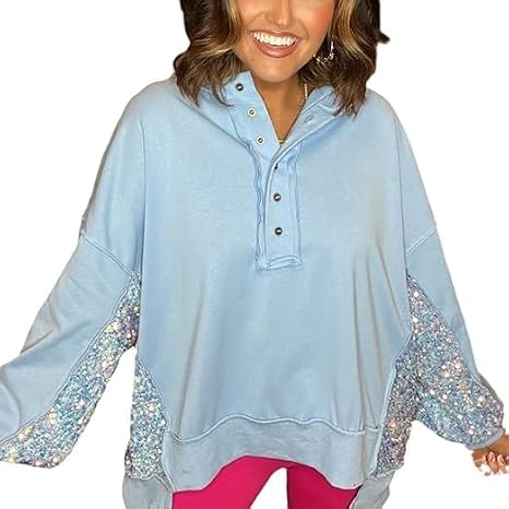Chvity Sweatshirts for Women Sequin Patchwork High Low Hem Henley Oversize Soft Casual 2025 Fall Sweatshirt Light Blue
